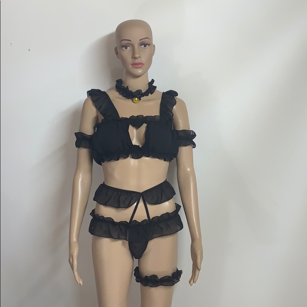 One size Striped Lace Trim Satin Set